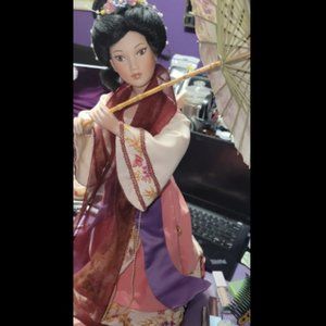 18" Tall Porcelain China Doll With Umbrella